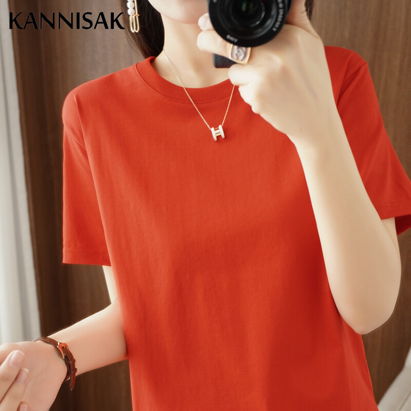 2024 Női pólók O-nyakú tömör rövid ujjú póló Bő tavaszi nyár női felsők Pamut női pólók Alkalmi női póló
