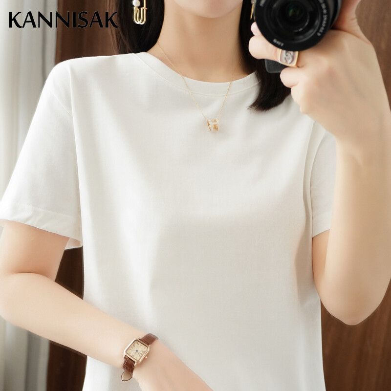 2024 Női pólók O-nyakú tömör rövid ujjú póló Bő tavaszi nyár női felsők Pamut női pólók Alkalmi női póló