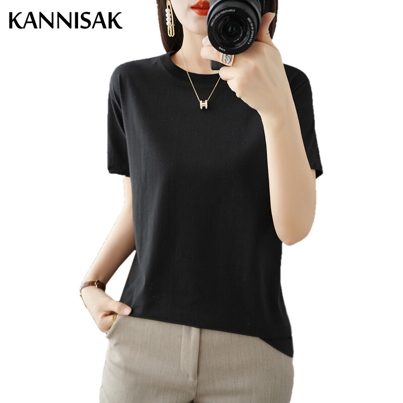 2024 Női pólók O-nyakú tömör rövid ujjú póló Bő tavaszi nyár női felsők Pamut női pólók Alkalmi női póló