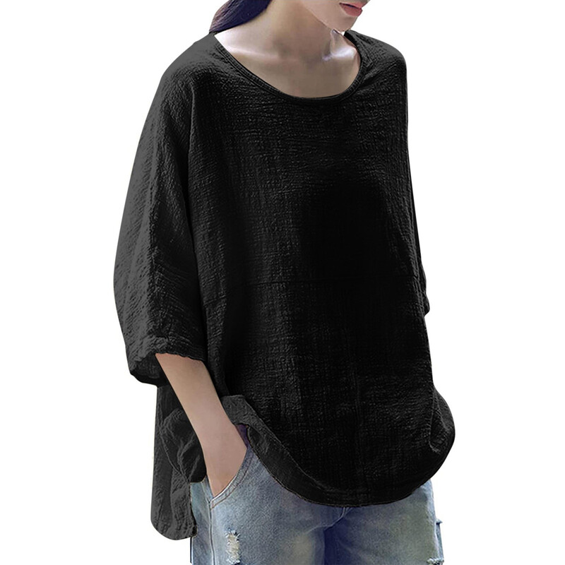 Vasaros didelio dydžio S-5XL Nauji laisvalaikio palaidinė palaidinė su septynių minučių rankovėmis viršutinė apvalaus kaklo vienspalviai moteriški marškinėliai