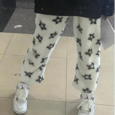 Fashion Star Fluffy Pj pižamos kelnės Y 2k Kawaii laisvalaikio mielas baltas mieguoklis pliušinės kelnės Moteriškos namų pižamos kelnės moteriškos kelnės