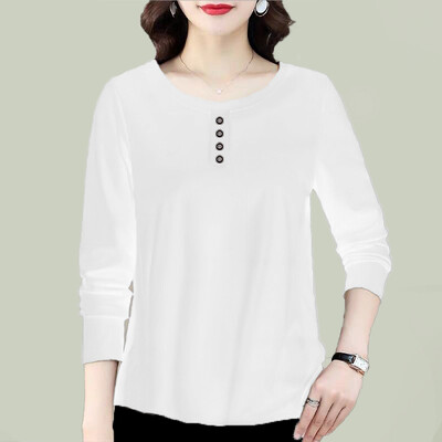 2023-as őszi női ruhák Retró egyszerű alkalmi gombos bő póló női egyszínű, kerek nyakú, hosszú ujjú pulóver felsők