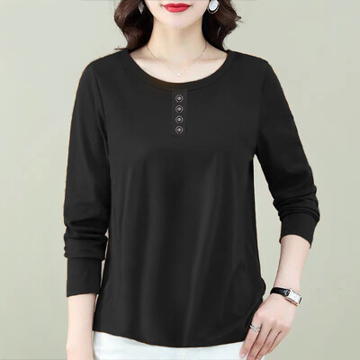 2023-as őszi női ruhák Retró egyszerű alkalmi gombos bő póló női egyszínű, kerek nyakú, hosszú ujjú pulóver felsők
