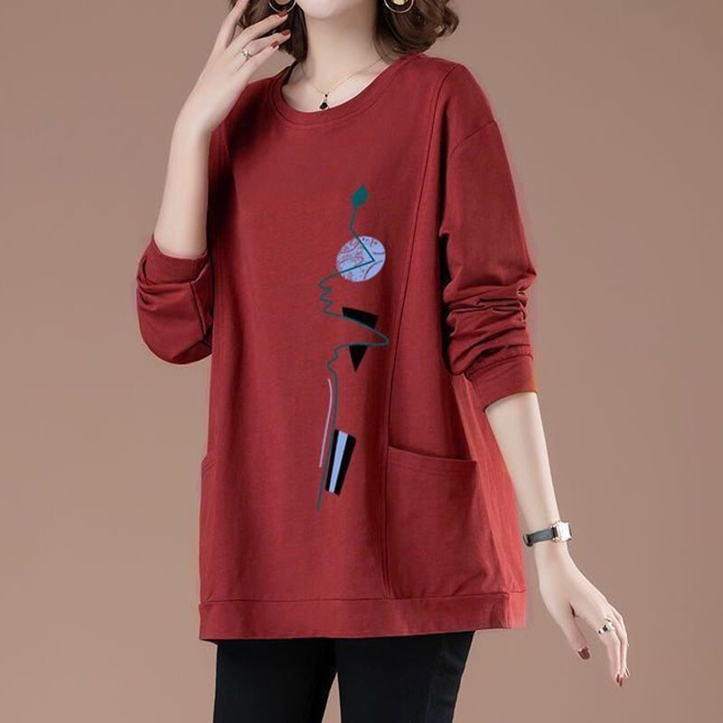 Decolteu liber Imprimare linie strălucitoare De bază Gros Îmbrăcăminte pentru mamă de vârstă mijlocie Bumbac Două buzunare Culori multiple Hanorac Casual