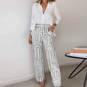 Moterų spausdinimo dviejų dalių kelnių rinkiniai plačios kelnės Biuro palaidinė, balti marškiniai, viršutiniai 2 dalių komplektai, laisva biuro apranga su diržu