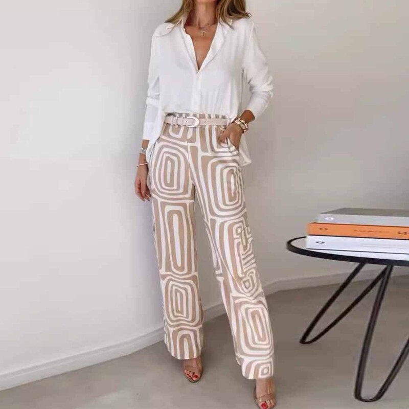 Moterų spausdinimo dviejų dalių kelnių rinkiniai plačios kelnės Biuro palaidinė, balti marškiniai, viršutiniai 2 dalių komplektai, laisva biuro apranga su diržu