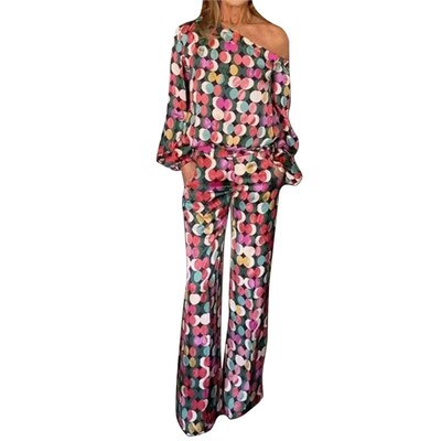 Nyári női kétrészes szett ruhák Alkalmi, hosszú, lámpás ujjú, egyszeri vállszoknya szettek Női divatmintás mintás öltöny