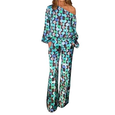 Nyári női kétrészes szett ruhák Alkalmi, hosszú, lámpás ujjú, egyszeri vállszoknya szettek Női divatmintás mintás öltöny