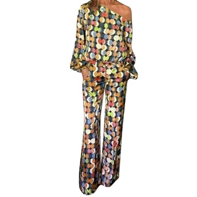 Nyári női kétrészes szett ruhák Alkalmi, hosszú, lámpás ujjú, egyszeri vállszoknya szettek Női divatmintás mintás öltöny