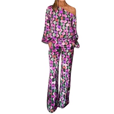 Nyári női kétrészes szett ruhák Alkalmi, hosszú, lámpás ujjú, egyszeri vállszoknya szettek Női divatmintás mintás öltöny