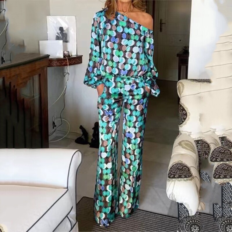 Nyári női kétrészes szett ruhák Alkalmi, hosszú, lámpás ujjú, egyszeri vállszoknya szettek Női divatmintás mintás öltöny