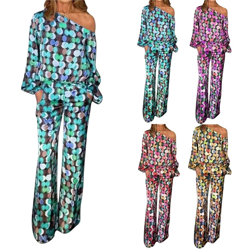 Nyári női kétrészes szett ruhák Alkalmi, hosszú, lámpás ujjú, egyszeri vállszoknya szettek Női divatmintás mintás öltöny