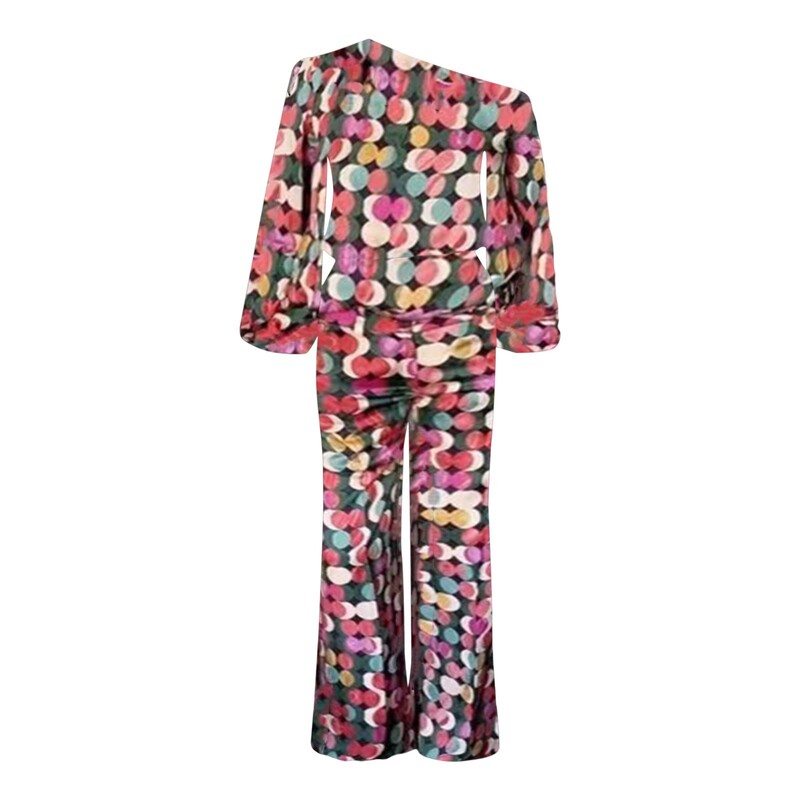 Nyári női kétrészes szett ruhák Alkalmi, hosszú, lámpás ujjú, egyszeri vállszoknya szettek Női divatmintás mintás öltöny