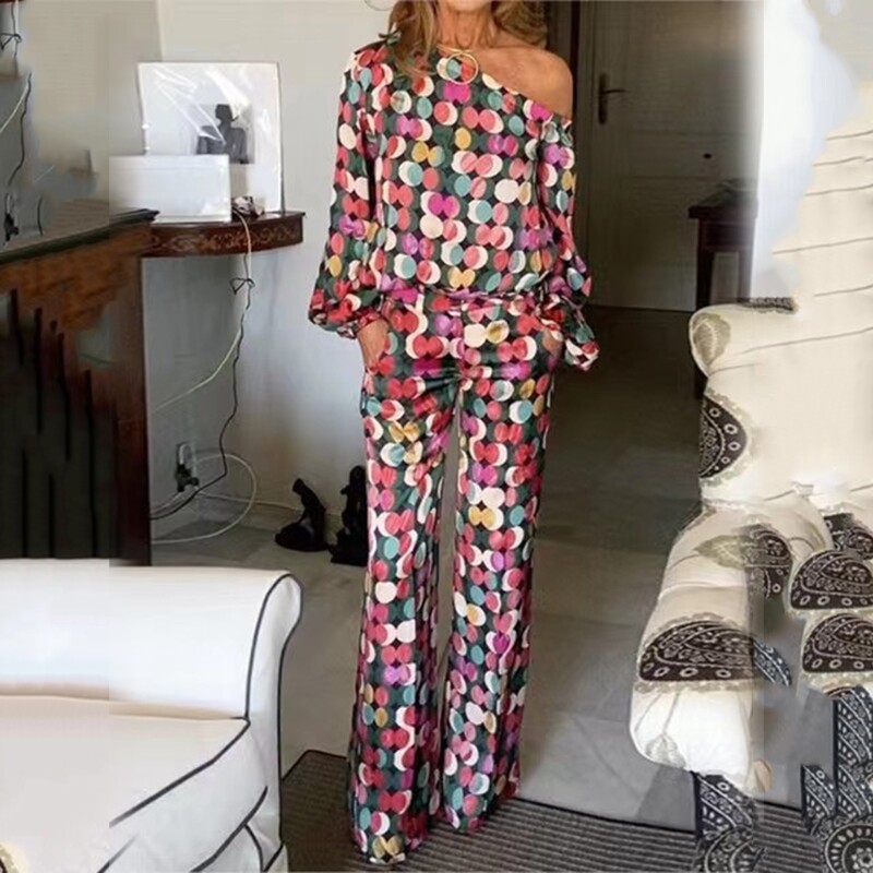 Nyári női kétrészes szett ruhák Alkalmi, hosszú, lámpás ujjú, egyszeri vállszoknya szettek Női divatmintás mintás öltöny