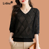 Tricou tricotat cu mânecă scurtă, cu mânecă scurtă, cu decolteu în V, pentru femei, de primăvară, toamnă, 2024, cu mânecă 3/4