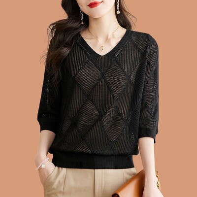 Tricou tricotat cu mânecă scurtă, cu mânecă scurtă, cu decolteu în V, pentru femei, de primăvară, toamnă, 2024, cu mânecă 3/4