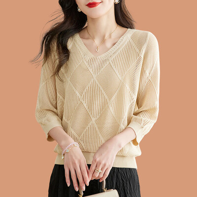 Tricou tricotat cu mânecă scurtă, cu mânecă scurtă, cu decolteu în V, pentru femei, de primăvară, toamnă, 2024, cu mânecă 3/4