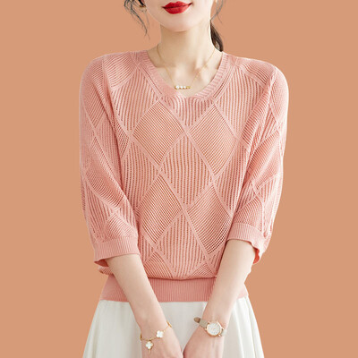 Tricou tricotat cu mânecă scurtă, cu mânecă scurtă, cu decolteu în V, pentru femei, de primăvară, toamnă, 2024, cu mânecă 3/4