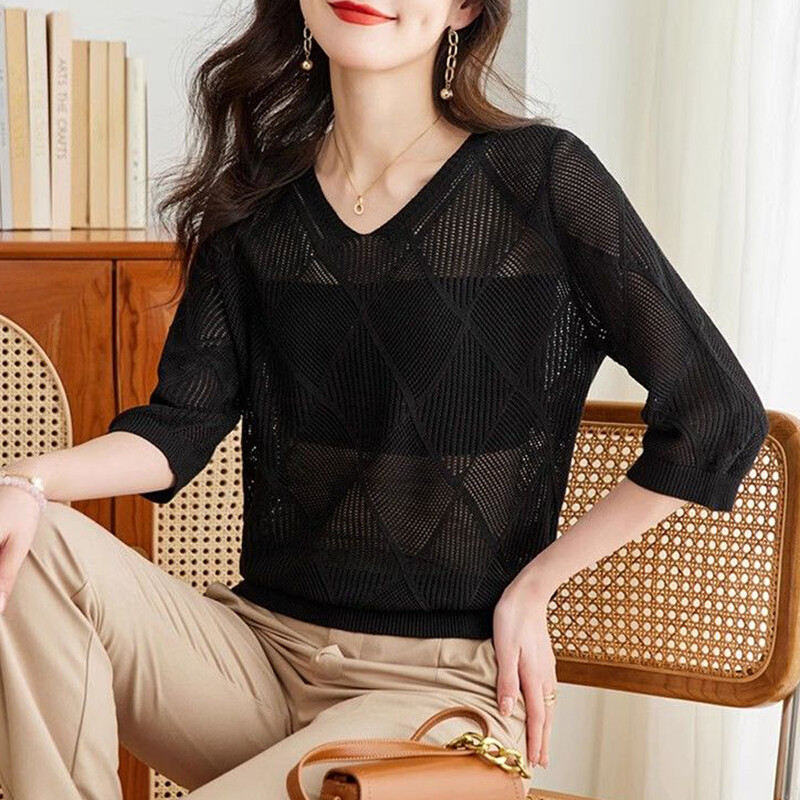 Tricou tricotat cu mânecă scurtă, cu mânecă scurtă, cu decolteu în V, pentru femei, de primăvară, toamnă, 2024, cu mânecă 3/4