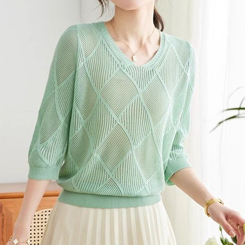 Tricou tricotat cu mânecă scurtă, cu mânecă scurtă, cu decolteu în V, pentru femei, de primăvară, toamnă, 2024, cu mânecă 3/4