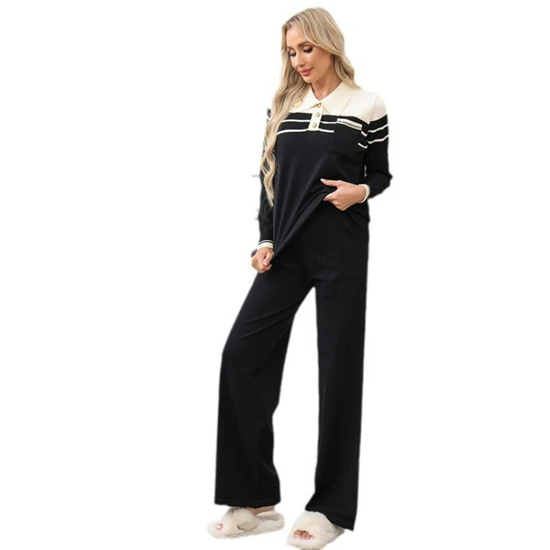 Dámske pletené dlhé nohavice, súpravy, vreckové midi nohavice s pásom, dvojdielny oblek, top s golierom a gombíkmi, elegantný top, jeseň/zima