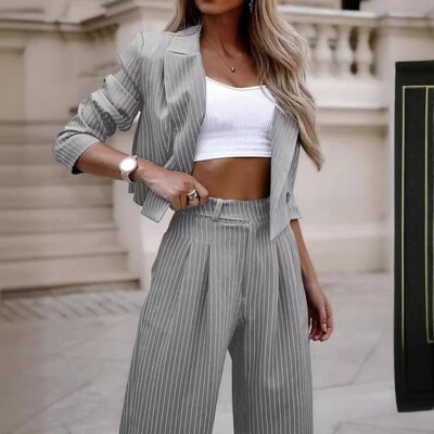 Dvojdielna súprava Dámske obleky Ležérne Striped Krátke klopové sako Kabát Oblek Rovné nohavice Nohavice Oblečenie 2-dielna súprava Streetwear Jeseň