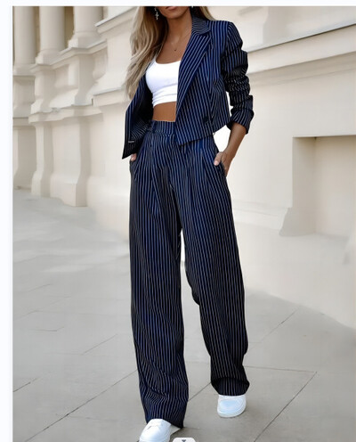 Dvojdielna súprava Dámske obleky Ležérne Striped Krátke klopové sako Kabát Oblek Rovné nohavice Nohavice Oblečenie 2-dielna súprava Streetwear Jeseň