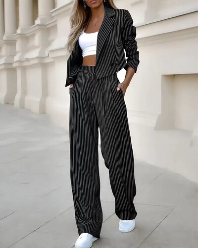 Dvojdielna súprava Dámske obleky Ležérne Striped Krátke klopové sako Kabát Oblek Rovné nohavice Nohavice Oblečenie 2-dielna súprava Streetwear Jeseň