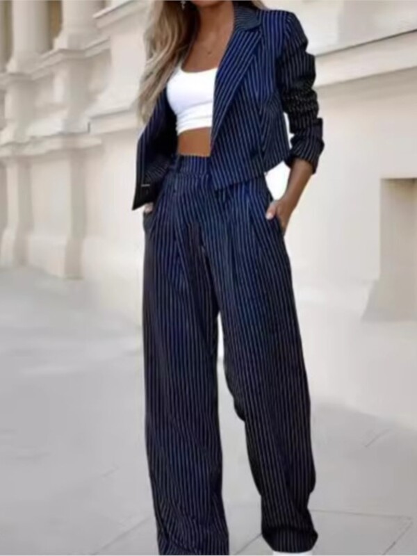 Dvojdielna súprava Dámske obleky Ležérne Striped Krátke klopové sako Kabát Oblek Rovné nohavice Nohavice Oblečenie 2-dielna súprava Streetwear Jeseň