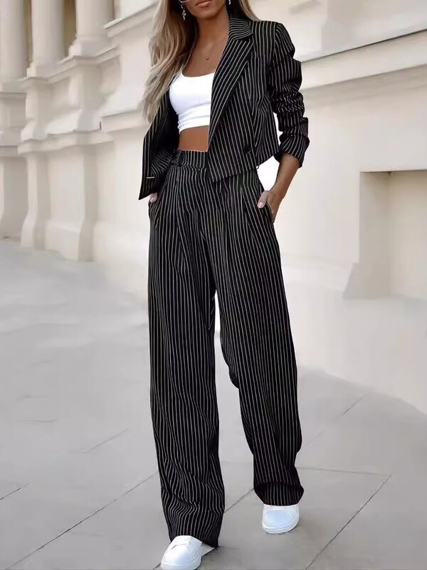 Dvojdielna súprava Dámske obleky Ležérne Striped Krátke klopové sako Kabát Oblek Rovné nohavice Nohavice Oblečenie 2-dielna súprava Streetwear Jeseň