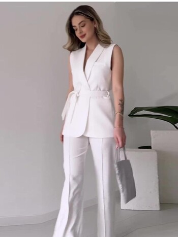 Комплекти от 2 части Commuter Lady Turn Dwon Collar Sleeveless Top with Long Pants Suit Елегантен едноцветен тънък комплект Дамско парти облекло