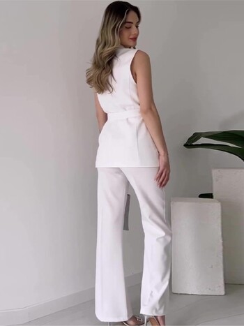 Комплекти от 2 части Commuter Lady Turn Dwon Collar Sleeveless Top with Long Pants Suit Елегантен едноцветен тънък комплект Дамско парти облекло