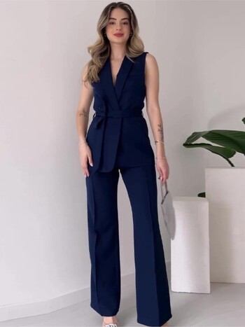 Комплекти от 2 части Commuter Lady Turn Dwon Collar Sleeveless Top with Long Pants Suit Елегантен едноцветен тънък комплект Дамско парти облекло