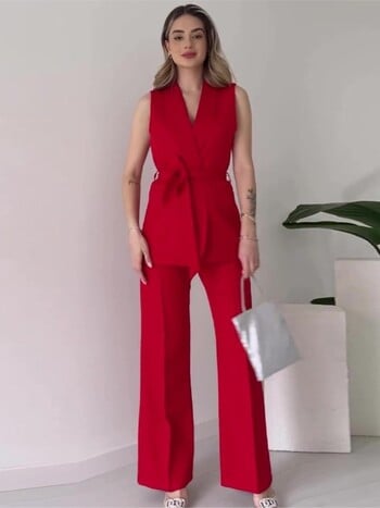 Комплекти от 2 части Commuter Lady Turn Dwon Collar Sleeveless Top with Long Pants Suit Елегантен едноцветен тънък комплект Дамско парти облекло