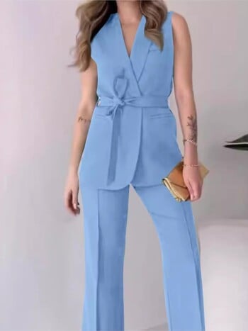 Комплекти от 2 части Commuter Lady Turn Dwon Collar Sleeveless Top with Long Pants Suit Елегантен едноцветен тънък комплект Дамско парти облекло