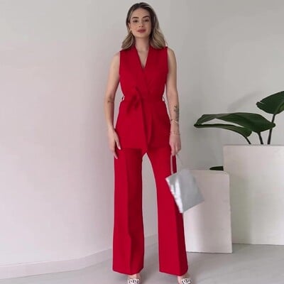 2-dielny set, dámsky top bez rukávov s golierom Dwon a dlhými nohavicami, elegantný jednofarebný štíhly set pre ženy, párty outfit