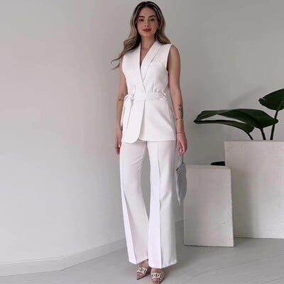 2-dielny set, dámsky top bez rukávov s golierom Dwon a dlhými nohavicami, elegantný jednofarebný štíhly set pre ženy, párty outfit