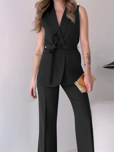 2-dielny set, dámsky top bez rukávov s golierom Dwon a dlhými nohavicami, elegantný jednofarebný štíhly set pre ženy, párty outfit