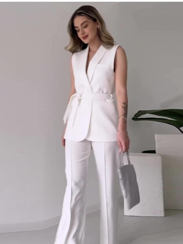 2-dielny set, dámsky top bez rukávov s golierom Dwon a dlhými nohavicami, elegantný jednofarebný štíhly set pre ženy, párty outfit
