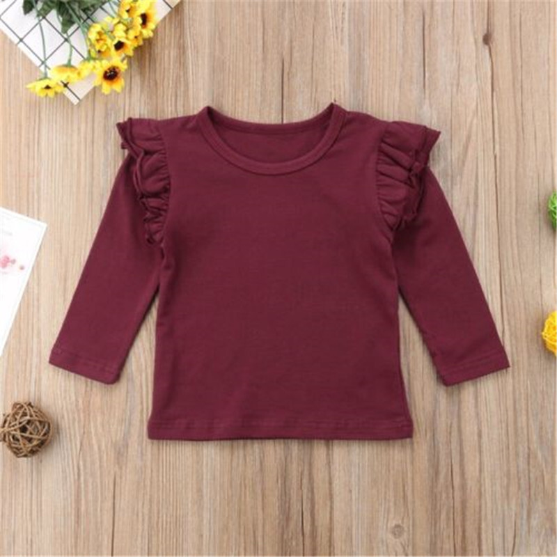 1–6 metų mergaičių marškinėliai ilgomis rankovėmis, vienspalviai, raukšlių dizaino marškinėliai, skirti mergaitėms rudens ir pavasario marškinėliai