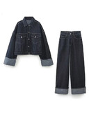 Γυναικείο σετ παντελόνι τζιν με πέτο με μακρυμάνικο σακάκι με φαρδύ πόδι Παντελόνι με τσέπη Lady Streetwear Κομψά πανωφόρια