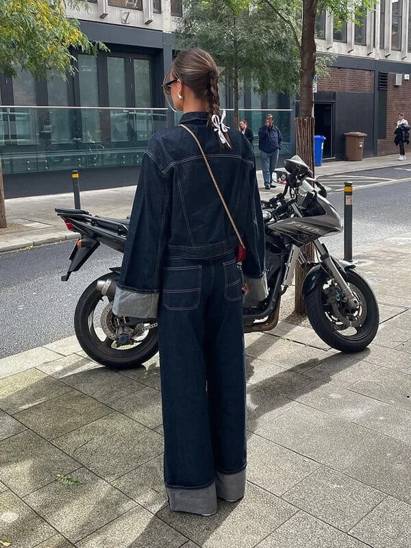 Γυναικείο σετ παντελόνι τζιν με πέτο με μακρυμάνικο σακάκι με φαρδύ πόδι Παντελόνι με τσέπη Lady Streetwear Κομψά πανωφόρια