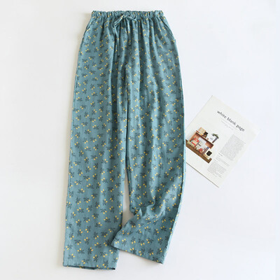 Medvilninės gėlėtos pižamos kelnės moteriškos didelio dydžio dvigubos marlės mergaičių namų kelnės Rudens ir žieminės laisvos suvarstomos mieginės kelnės kasdienės