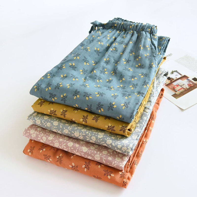 Medvilninės gėlėtos pižamos kelnės moteriškos didelio dydžio dvigubos marlės mergaičių namų kelnės Rudens ir žieminės laisvos suvarstomos mieginės kelnės kasdienės