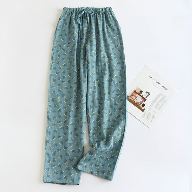 Medvilninės gėlėtos pižamos kelnės moteriškos didelio dydžio dvigubos marlės mergaičių namų kelnės Rudens ir žieminės laisvos suvarstomos mieginės kelnės kasdienės