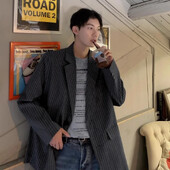 Μικρό κοστούμι Ανδρικό σακάκι με ρίγες Cool and high-end design Μαύρο μοντέρνο κορεάτικο casual loose κοστούμι