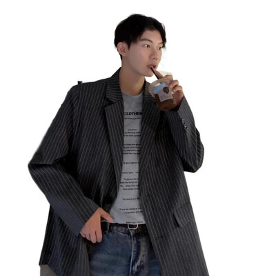 Μικρό κοστούμι Ανδρικό σακάκι με ρίγες Cool and high-end design Μαύρο μοντέρνο κορεάτικο casual loose κοστούμι