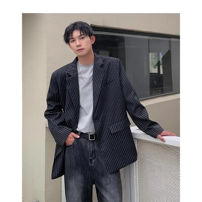 Μικρό κοστούμι Ανδρικό σακάκι με ρίγες Cool and high-end design Μαύρο μοντέρνο κορεάτικο casual loose κοστούμι