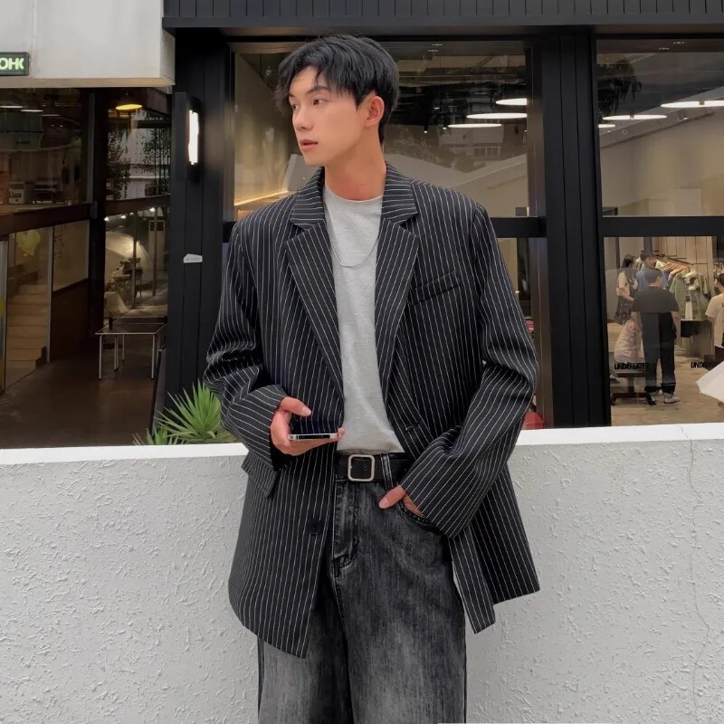 Μικρό κοστούμι Ανδρικό σακάκι με ρίγες Cool and high-end design Μαύρο μοντέρνο κορεάτικο casual loose κοστούμι