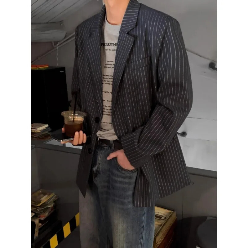 Μικρό κοστούμι Ανδρικό σακάκι με ρίγες Cool and high-end design Μαύρο μοντέρνο κορεάτικο casual loose κοστούμι